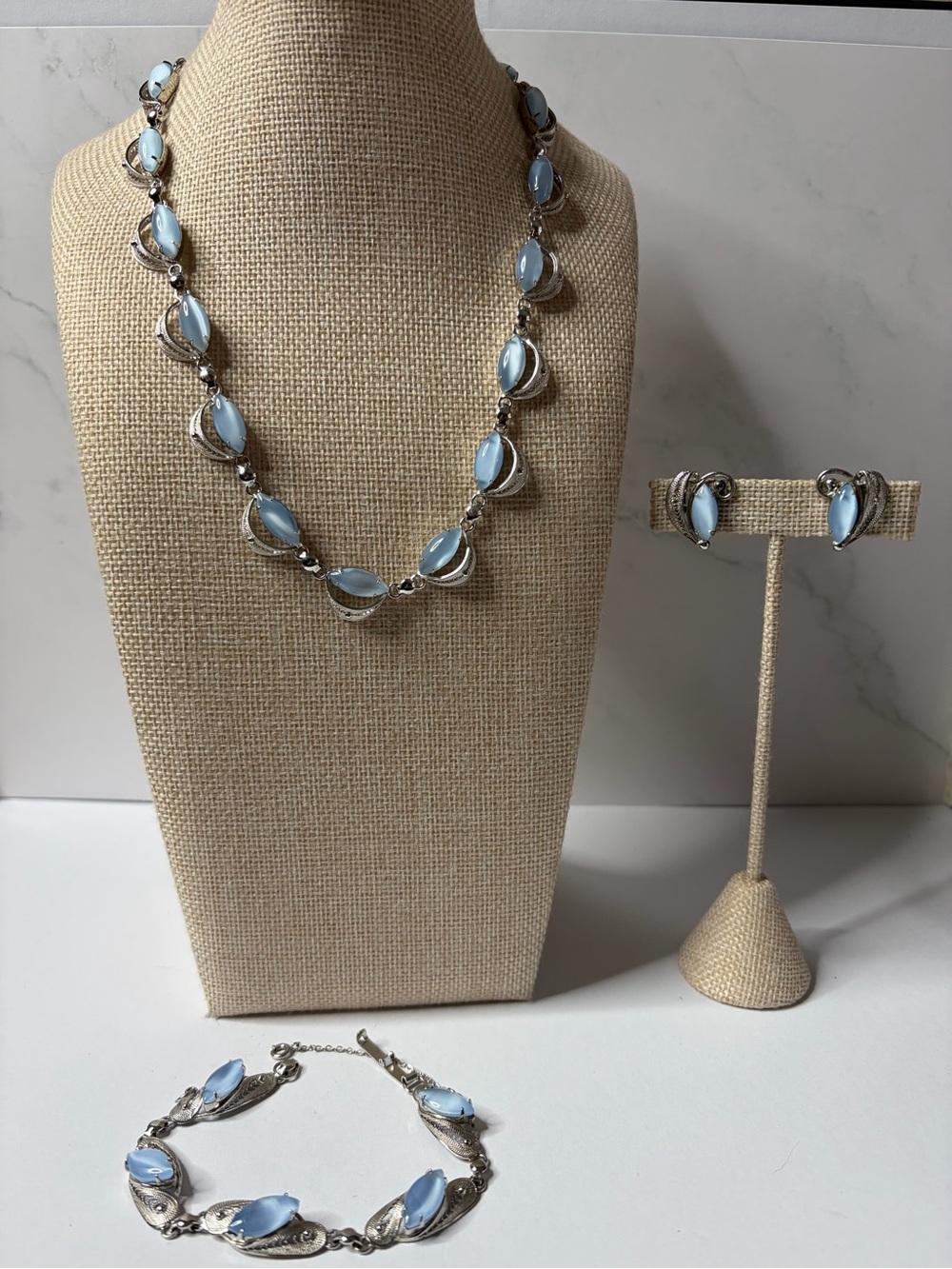 Vintage cats eye Moon glass set in Sterling- necklace, bracelet, earrings signed